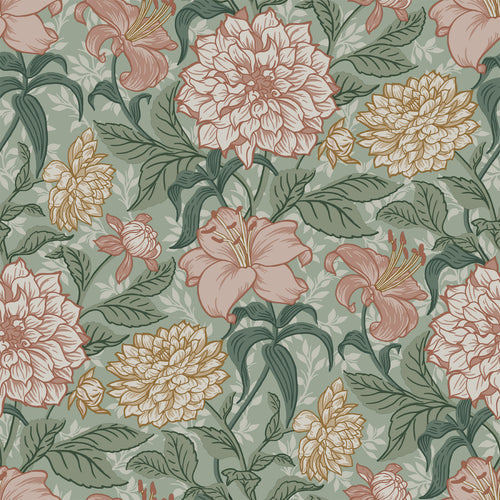 ESTAhome behang vintage bloemen groen en oudroze - 53 cm x 10.05 m - 139378