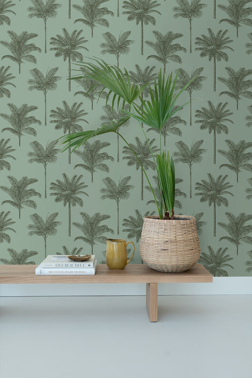 ESTAhome behang palmbomen vergrijsd groen - 53 cm x 10.05 m - 139165