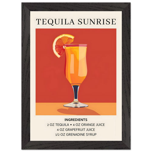 Artfulprints Poster met Lijst Tequila Sunrise cocktail - Ingrediënten   - A4 21x29.7 cm - Oranje