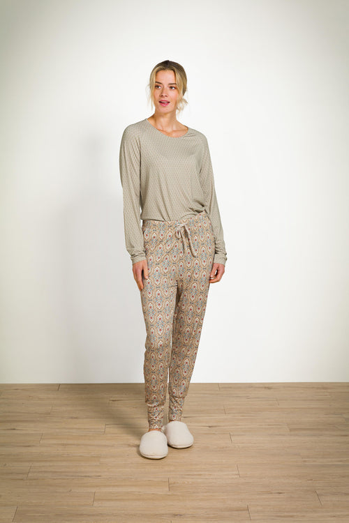 Pip Studio - Tina Pyjama t-shirt - Lange mouw Dames - Thousand Leaves - Zand - M