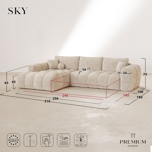 Premium Interiors - Linkshoekbank met slaapfunctie en opbergruimte SKY - kruisbinding  beige 310cm