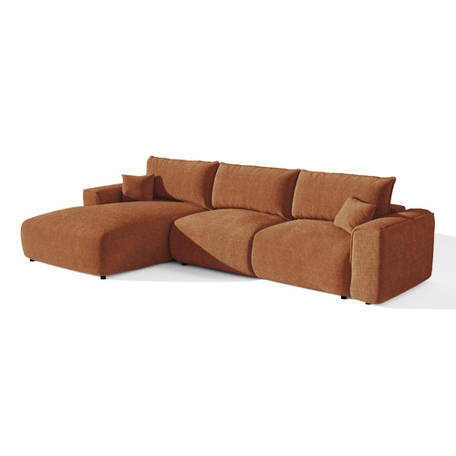 Premium Interiors - Linkerhoekbank met snelle uitklapfunctie COMO - zacht aanvoelende geweven stof terracotta 300cm