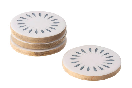 J-Line onderzetter Rond - hout - blauw/wit - set van 4