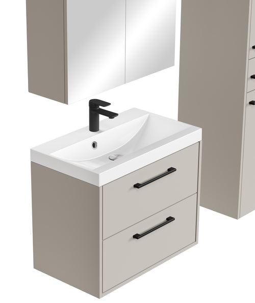 Badplaats Badkamermeubel Set Florence 60 cm – Beige – Hangend Badmeubel met Wastafel, Spiegelkast en Zijkast