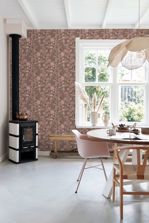 ESTAhome behang vintage bloemen mauve paars en vergrijsd groen - 50 x 900 cm - 131337 - vtwonen shop