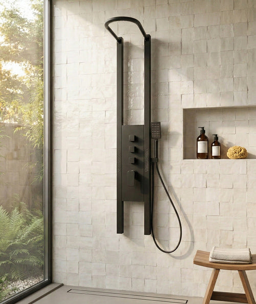 Badplaats Douchepaneel Caspian 145 x 26 cm - Zwart - RVS Doucheset met Thermostaatkraan en Douchekop