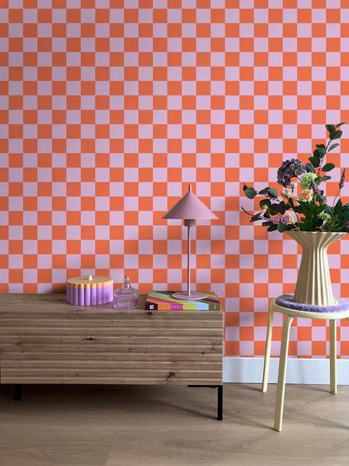 ESTAhome behang geblokt motief lila paars en oranje - 53 cm x 10.05 m - 130914