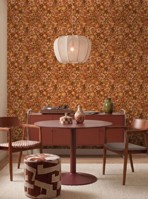ESTAhome behang bloemen terracotta, bruin en groen - 50 x 900 cm - 132196