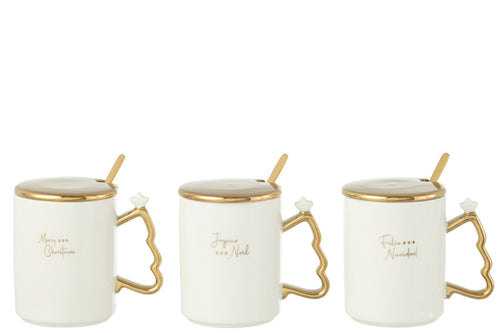 J-Line kop + lepeltje Kerst - keramiek - wit/goud - 3 stuks - vtwonen shop