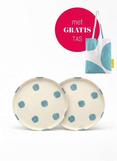 vtwonen -  Lunchbord - Stippen - Blauw - Set van 2 - Keramiek - 20cm