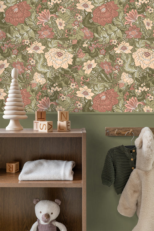 ESTAhome behang vintage bloemen groen en oudroze - 50 x 900 cm - 131196