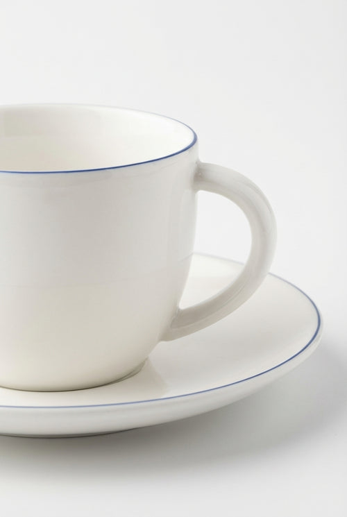 vtwonen - Kop en Schotel - Wit/Blauw Lijn - 250ml - Set van 6