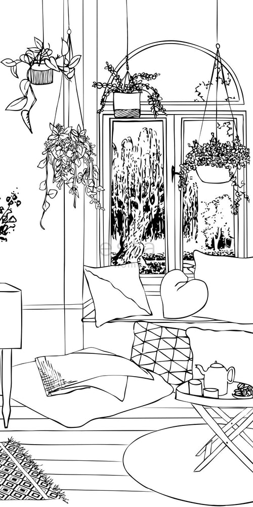 ESTAhome fotobehang tekening woonkamer lounge zwart wit - 139.5 x 279 cm - 158814 - vtwonen shop