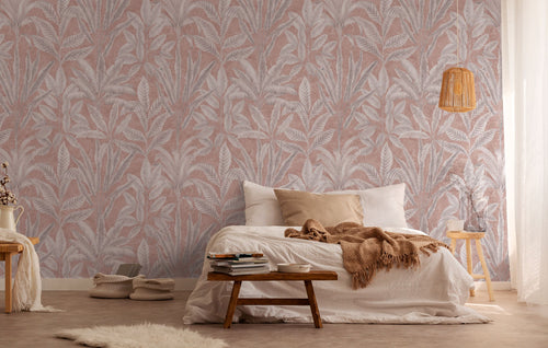 Livingwalls fotobehang tropische bladeren roze, grijs en wit - 159 x 280 cm - AS-393161