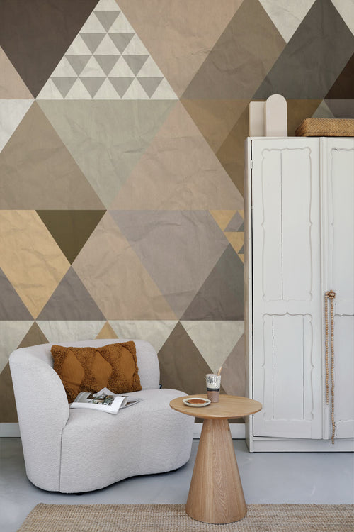 Sanders & Sanders fotobehang grafische driehoeken beige, bruin en groen - 360 x 270 cm - 600407 - vtwonen shop