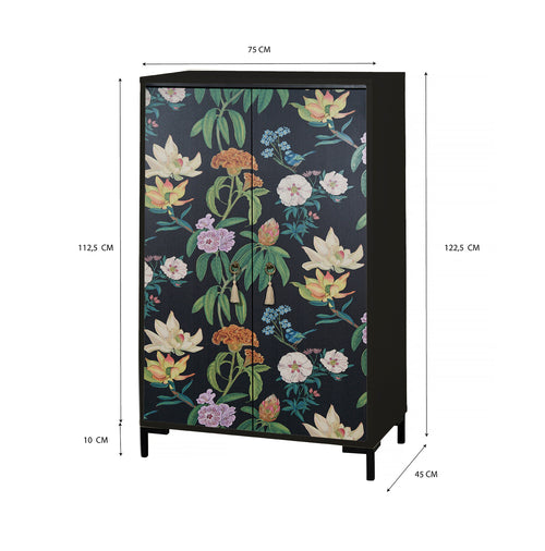 Dressoir van MDF met 2 decoratieve deuren, zwart bloemenmotief