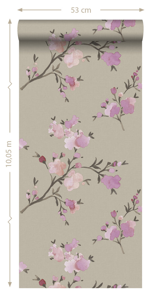 ESTAhome eco-texture vliesbehang kersenbloesems taupe en lila paars - 0,53 x 10,05 m - 148717 - vtwonen shop