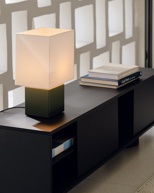 noo.ma Zam tafellamp - geometrisch, hout en textiel, Cocoa Brown