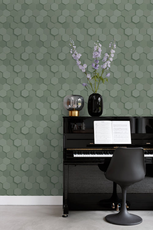 Origin Wallcoverings behang 3d hexagon motief vergrijsd groen - 53 cm x 10.05 m - 347851 - vtwonen shop