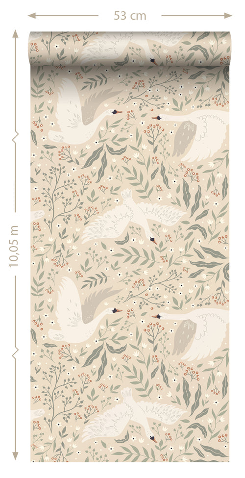 ESTAhome behang zwanen beige, wit en vergrijsd groen - 53 cm x 10.05 m - 139797