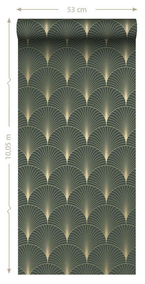ESTAhome behang art deco motief donkergroen en goud - 53 cm x 10.05 m - 139584