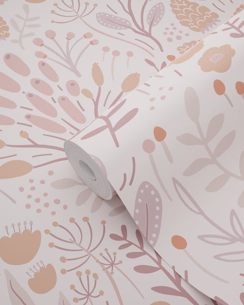 ESTAhome behang bladeren en bloemen lila paars en terracotta - 50 x 900 cm - 131386 - vtwonen shop