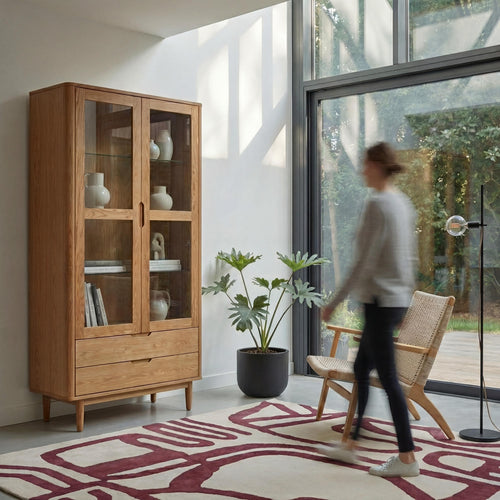 Furnhouse vitrinekast Nyborg - Natuurlijk eikenhout - MDF, Eikenfineer, Glas - 45x100x190