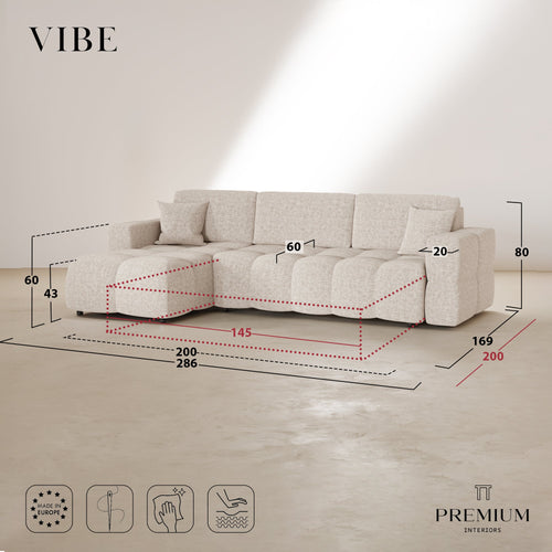 Premium Interiors - Linkshoekbank met slaapfunctie en opbergruimte VIBE - zacht aanvoelende geweven stof crème 286cm