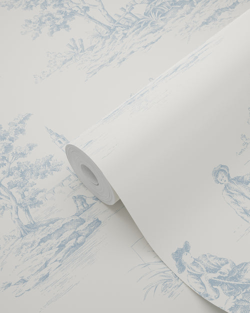 ESTAhome behang toile de jouy print lichtblauw en wit - 50 x 900 cm - 132109