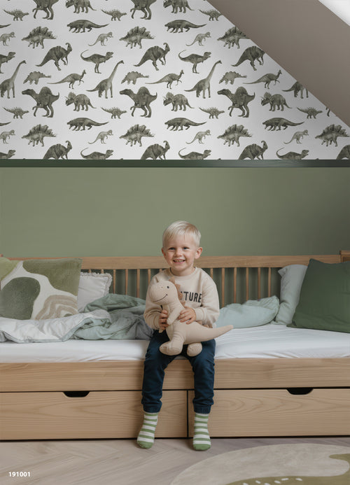 ESTAhome behang dinosaurussen groen grijs - 50 x 900 cm - 131199