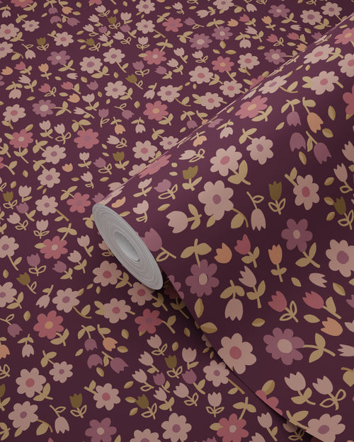 ESTAhome behang bloemetjes aubergine paars - 50 x 900 cm - 131636 - vtwonen shop