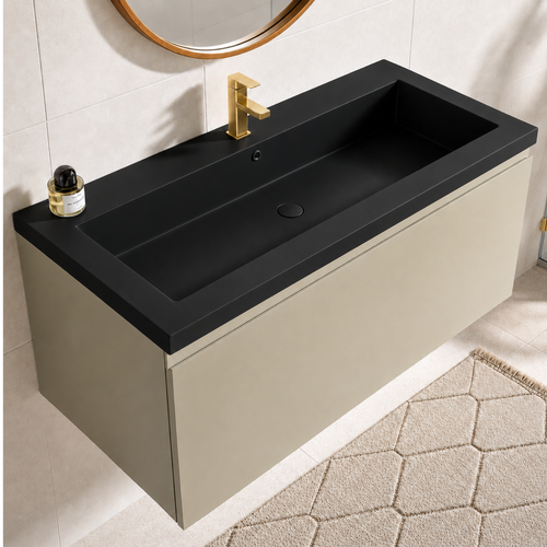LOMAZOO badmeubelset Sorrento - met hoge kast & zwarte wastafel - greige - 100 cm