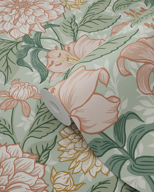 ESTAhome behang vintage bloemen groen en oudroze - 53 cm x 10.05 m - 139378