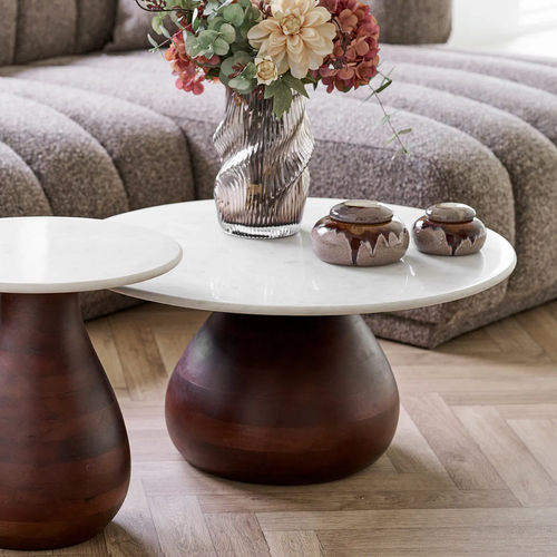 Artichok Herre houten salontafel bruin met wit marmer blad -  Ø70