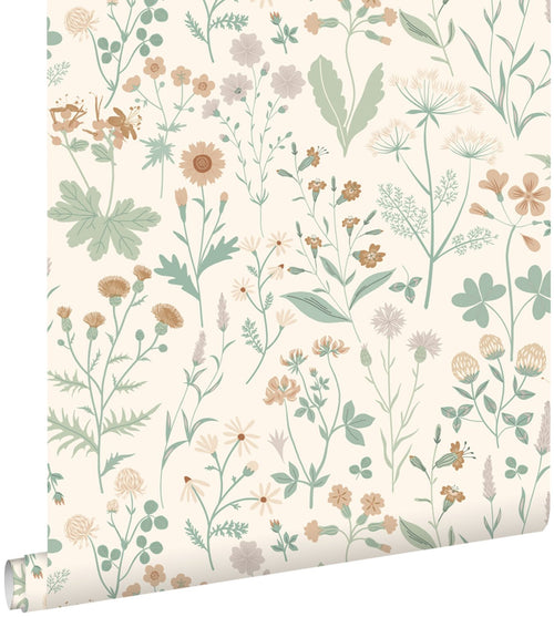 ESTAhome behang veldbloemen groen, terracotta en lila paars - 53 cm x 10.05 m - 139481