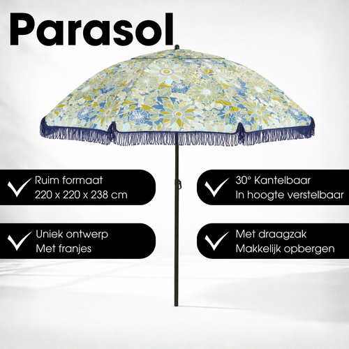 Mica Decorations Parasol Bloem - Stokparasol 238 x d220 cm - Strandparasol of Tuinparasol voor Schaduw - Bloemen Design - Blauw Groen