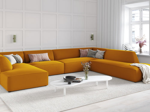 Micadoni Panoramische hoekbank rechts Ruby 7-zits, flueel, geel - 273x366x69cm