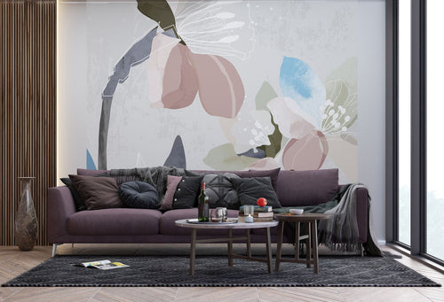 Sanders & Sanders fotobehang bloemmotief grijs, roze en blauw - 270 x 300 cm - 601179