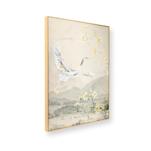 Art for the Home Canvas met handgeschilderde details - Crane with blossom - 70x50cm - Beige - vtwonen shop