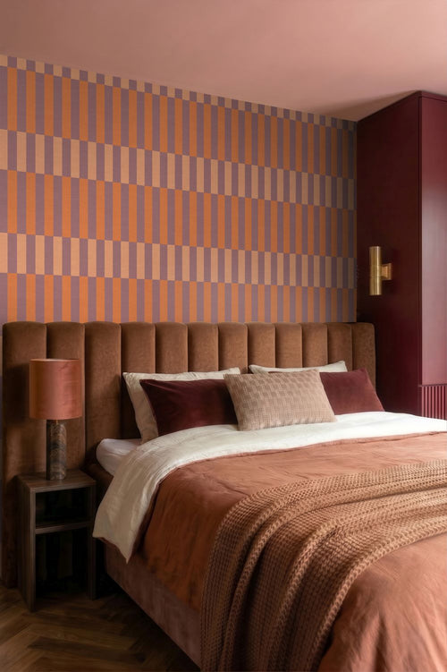 ESTAhome behang linnen-look strepen paars en oranje - 50 x 900 cm - 132253