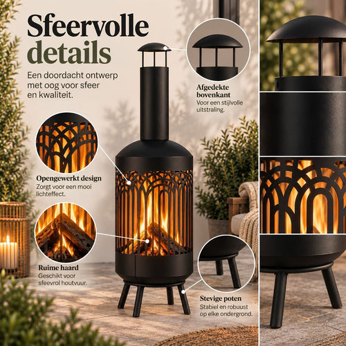 Mica Decorations Vuurkorf Roest - Vuurkorf met Opengewerkt Design van Stevig IJzer - Sfeervolle Tuinhaard met Hoge Schoorsteen voor Terras en Tuin -
