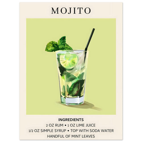 Artfulprints  Mojito cocktail - Ingrediënten   poster 30x40 cm