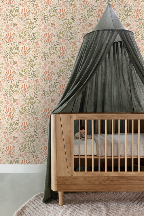 ESTAhome behang bladeren en bloemen olijfgroen en terracotta - 50 x 900 cm - 131390 - vtwonen shop