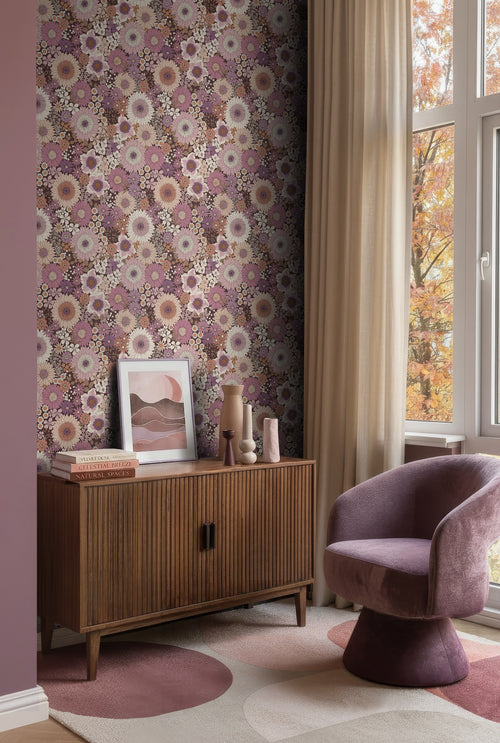 ESTAhome behang retro bloemen mauve paars en terracotta roze - 53 cm x 10.05 m - 131319