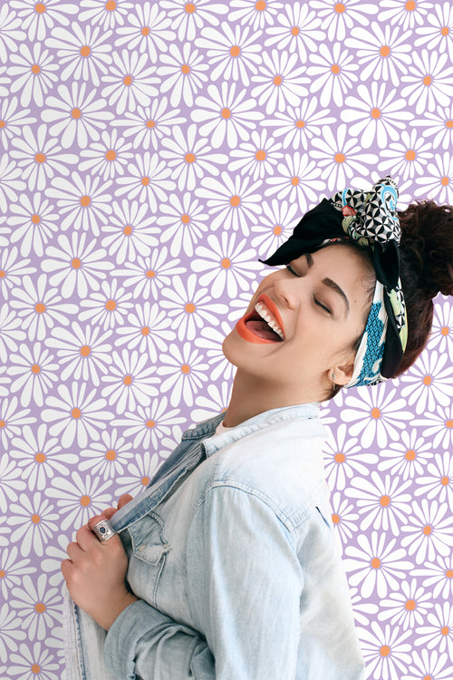 ESTAhome behang madeliefjes lila paars en oranje - 53 cm x 10.05 m - 131153 - vtwonen shop