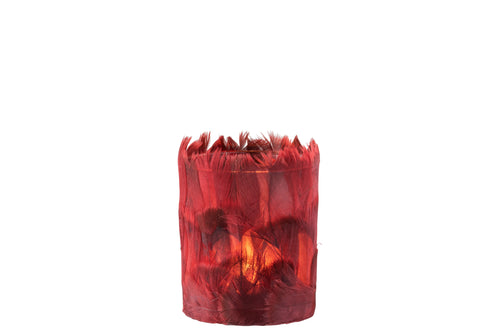 J-Line windlicht Veren - glas - bordeaux - small - 2 stuks