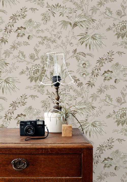 ESTAhome behang vintage bloemen oudroze en olijfgroen - 53 cm x 10.05 m - 139401