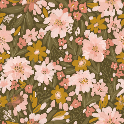 ESTAhome behang bloemen vergrijsd olijfgroen, zacht roze en okergeel - 50 x 900 cm - 130928 - vtwonen shop