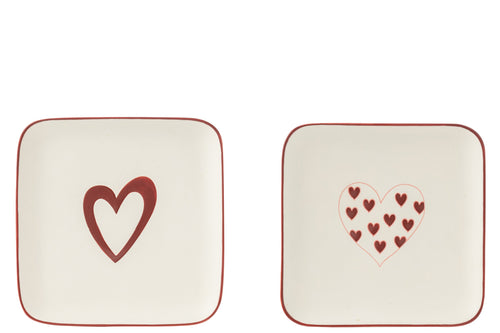 J-Line bord Harten - porselein - wit/rood - 2 stuks