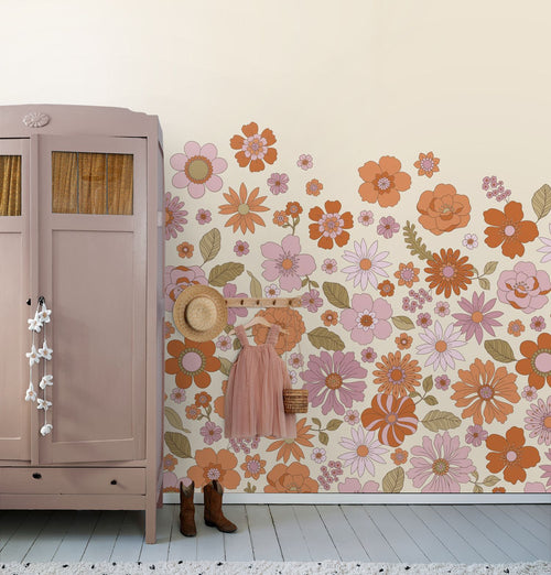 ESTAhome fotobehang retro bloemen paars en oranje - 2.5 x 2.79 m - 159592